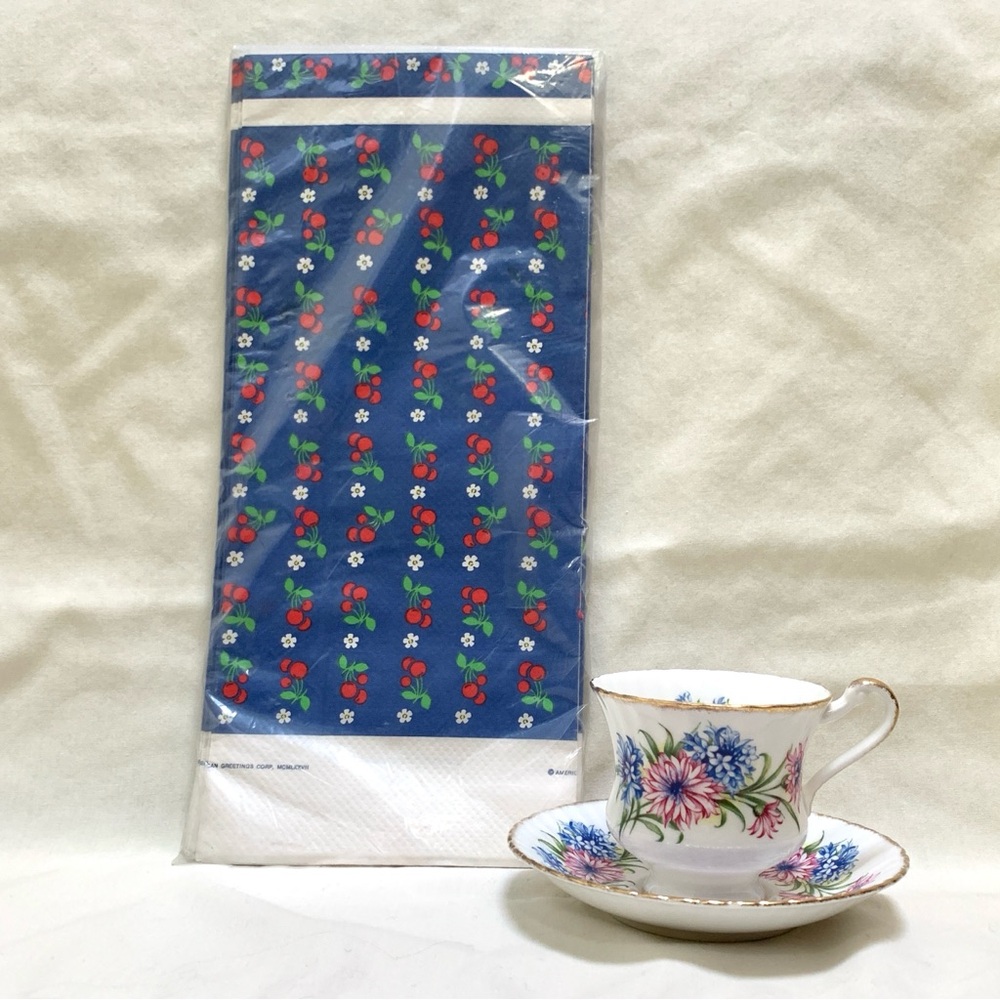 1970s blue tablecover with red cherries white daisies print by Party Maid